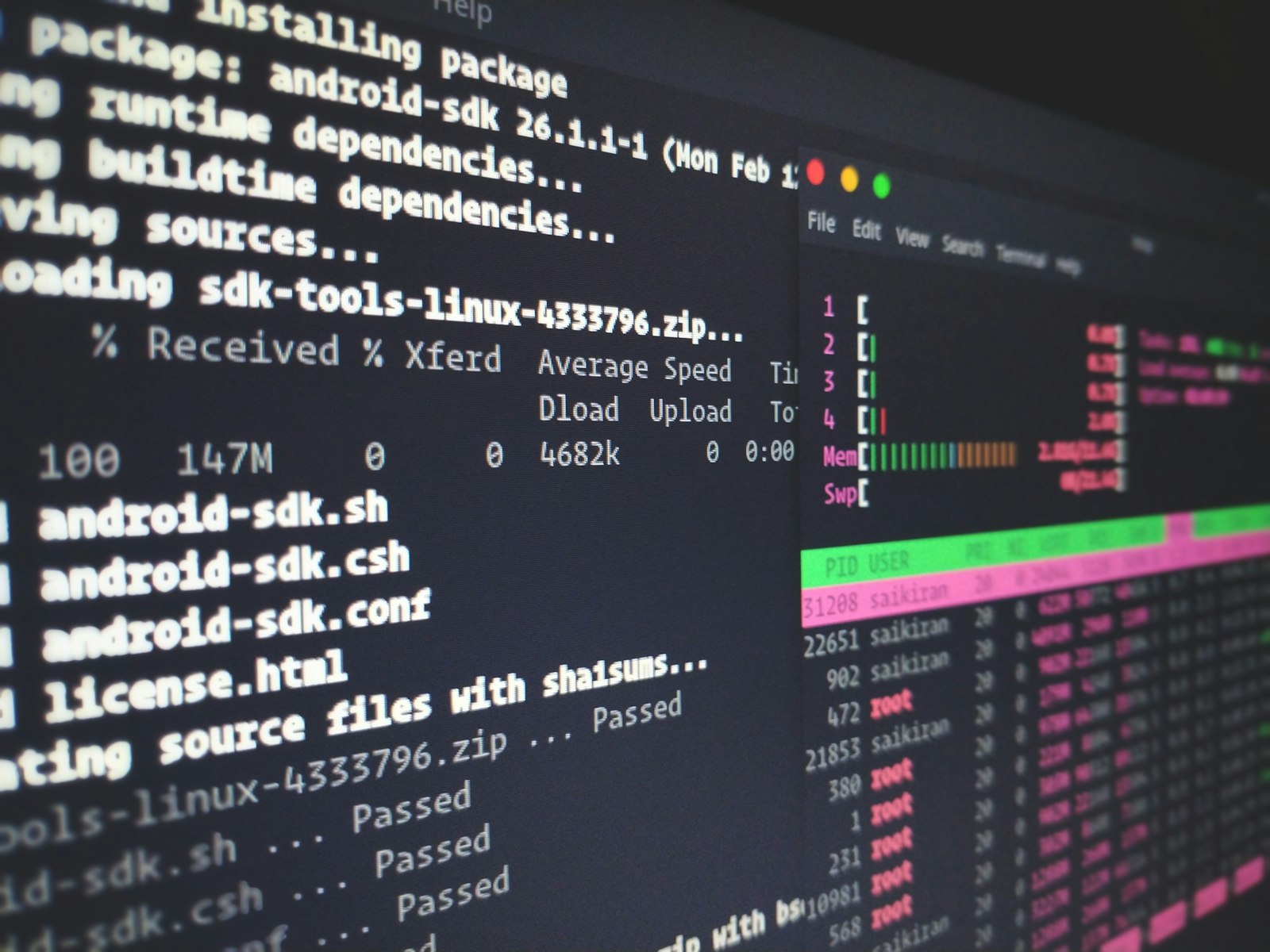 A terminal window with lines of build output and progress bars
